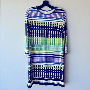 Eliza J Blue Green Sheath Dress 3/4 Sleeve Crew Neck
